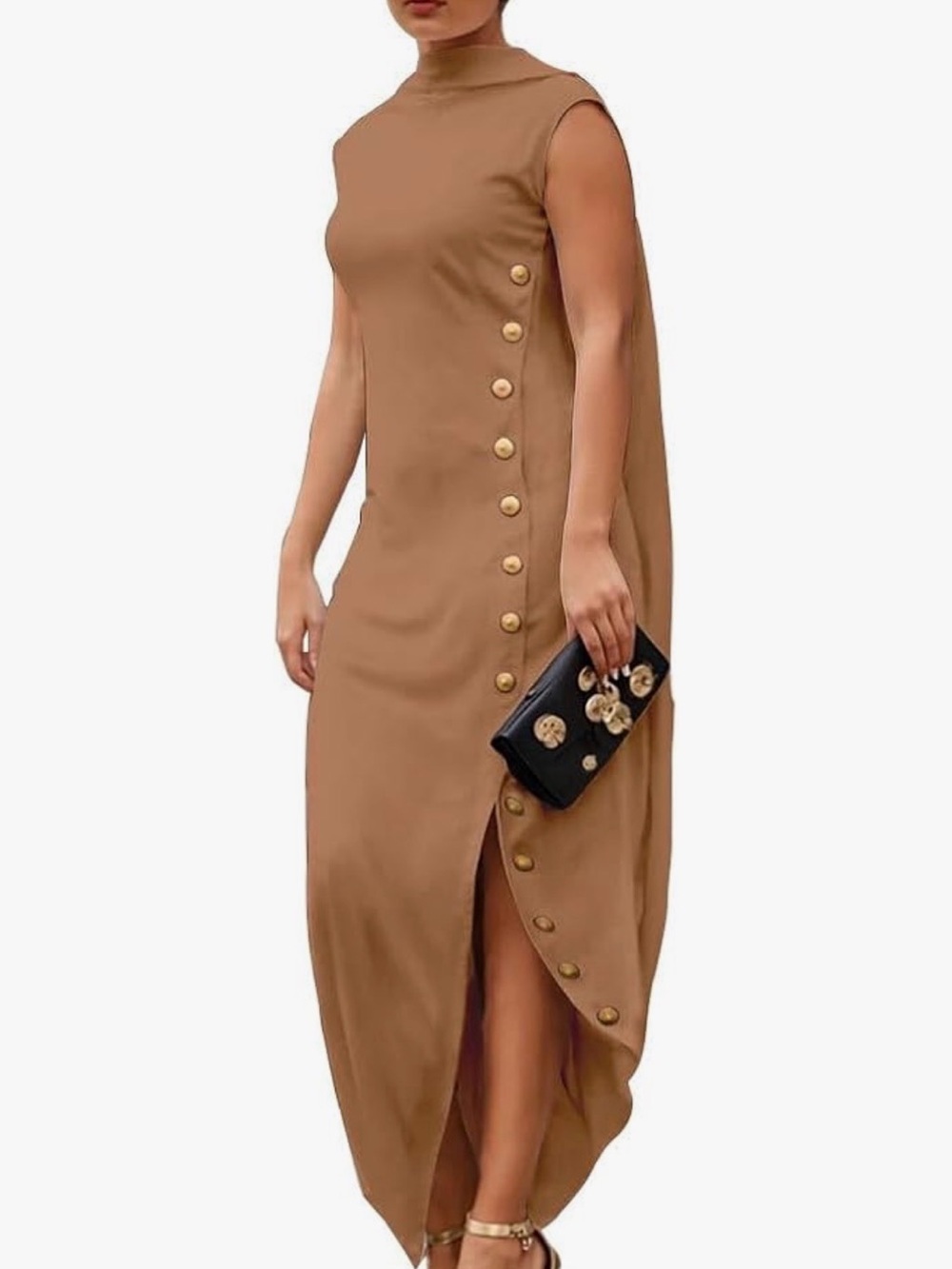 Asymmetrical Sleeveless Cream Maxi Dress with Side Button Detail